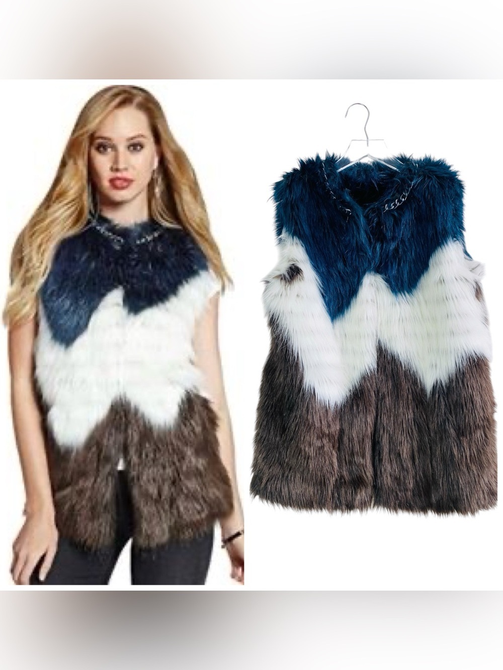 Guess Lena Color Blocked Faux Fur Vest W/ Metal Chain Detail Size M